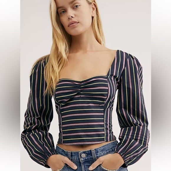 Free People Size XS Striped Cropped Balloon Sleeve Sunshine In Sicily Top - Picture 1 of 5